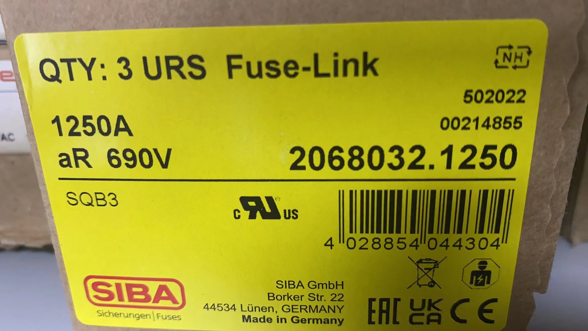 德國進口SIBA熔斷器2068032.1250