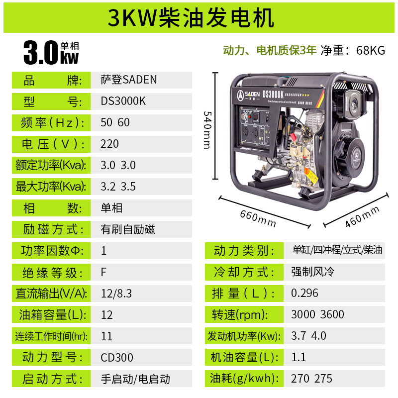 薩登3千瓦小型柴油發電機廠家