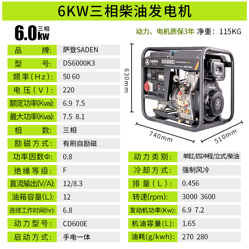 薩登小型6000w開架商鋪備用柴油發(fā)電機(jī)